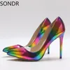 Dress Shoes Womens Pointed Toe Pumps Rainbow Color Stilettos High Heels Low Top Patent Leather 12cm Plus Size 10Colors Sexy