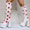 Boots Heart-Shaped Platform Chunky Heels Long White Leather Knee High Round Toe Outfit Spring Shoes Modern Women's