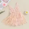 Enstycken prinsessa blommor spetsar baby flickor romper klänning barn sommarkläder ärmlös v halsbroderi backless bodysuits nyfödda kläder