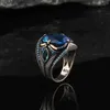 Band Rings Vintage Oval Inlaid Blue Zircon Stones Men Retro Silver Color Metal Carving Punk Jewelry H240424