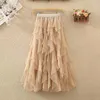 Skirts Qooth Women Polka Dot Tulle Cake Mesh Skirt Elegant Elastic Waist Fairy Long A-line Tutu For All Season QT2215