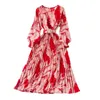 Casual jurken vrouwen lente jurk retro print maxi met lantaarn mouwen hoge taille riem dames A-lijn losse zoom val slank