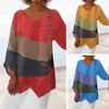 T-shirts pour femmes Femme V Neck 3/4 Sleeve Blouses décontractées Vêtements Streetwear Tunique surdimensionnée et Tops Couleur de contraste vintage