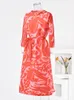 Casual jurken lanmrem contrast kleur geplooide jurk vrouwen mode print riem verzamelde taille los 2024 veer kleding 32D790
