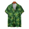 Casual shirts voor heren 2024 Summer Hawaii Beach Men Women Paarshirt Vierbladige klaver geprinte revers Rapel Korte mouw Groene bloemen