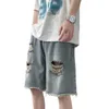 Zomerheren baggy rechte denim shorts Koreaanse stijl mode casual los gebroken gat korte jeans mannelijk blauw s-2xl 240422