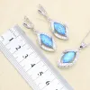 Brins Blue Fire Opal Boucles d'oreilles Collier Pendante Ring Silver 925 Bijoux de mariage Set pour femmes Gift Bracelet en cristal bleu clair