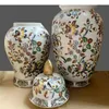 Bouteilles de rangement Fleurs et oiseaux Jar en céramique peints avec pots de gingembre au couvercle Vases de fleurs bijoux en porcelaine Conteneur cosmétique