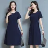 Casual jurken zomerjurk vrouwen elegante solide vintage 2024 o-neck slanke A-lijn korte mouw voor hoge kwaliteit