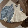 Sets Nieuwe Spring herfst Baby Girl Sweet Set Peter Pan Collar Blue Geplaid Shirt Beige Ruffe Ruff Riem Jurk Fashion pasgeboren kleding E6151