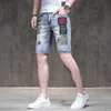 Slim Fit denim vijfpunt borduurwerk met bontranden zomer dun mode label Distressed casual heren shorts trendy