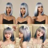 Wigs Ombre Blue Blu Bionda Ash Grey Lolita BOB LAGGERA SINTETICA con frange per donne resistenti al calore per capelli long dritti