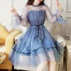 Vestidos casuais primavera malha doce mulher bling lantejão coreano estudantes da moda retrô de cintura definida feminina feminina de manga longa vestido