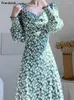 Повседневные платья Женщины корейские осенние цветочные элегантные модные квадратные воротницы отдыха