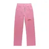 Frauen Jeans Pink Chic Ripped Summer Women Hohe Taille Multi-Knopf-Weitbeinhose Feste Farben Freizeitpendelhosen schwarze Streetwear