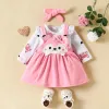 One-Pieces 3PCS Baby Girl Fox Print Long Sleeve Onesie with Triangle Bib Fox Plush Embroidery Overall Dress Set