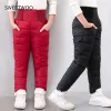 Calça menina casual menino calça de inverno algodão acolchoado calça quente e quente calça de esqui à prova d'água 10 anos elástico de cintura alta