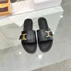 With Box Women Marcie Leather Slippers Gold-toned Buckle Calfskin Sole Slide Flats Slip-on Mule Comfortable Daily Lady Walking Sandals Size 35-43