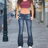 Frauen Jeans Elastizität Denimhose Stilvoller Retro Flared Saum mit Hochgeschwindigkeitsfarbe mittlere Taillen Taschen Schlanke Fit Trendy Dame für eine