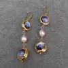 Earrings KKGEM 1011MM Purple Pearl 16mm Murano Glass Freshwater Cultured Dangle Long Hook Earrings