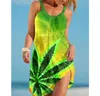 Основные повседневные платья новые зеленые зеленые листья для листьев Женщины винтажные платья женщина модное платье пляжное пляжное платье миди -без рукавов бохо