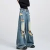 Kvinnors jeans 2024 Summer Harajuku High midja Vintage Y2K Loose Pants Wide Leg Baggy Subtimat Ripped Blue Denim Trouser