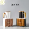 Geschenkpakket 350 ml Keramische koffiemok met houten handvat en deksel Noordse retro -stijl Glad oppervlak Kantoor Huis Paar Cup 240418