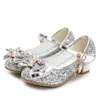 Prinzessin Kids Lederschuhe für Mädchen Blume lässige Glitzer Kinder High Heel Girls Schuhe Schmetterling Knoten blau rosa Silber 240422