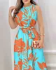 Casual Dresses Fashion Printed Round Neck Tie Up Dress Print Tied Female