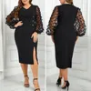 Casual Dresses Plus Size Lady Dress Elegant Mesh V Neck For Formal Events Sheath Slim Fit Midi med Split Hem -knapp