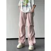 Men's Pants American High Street Pink Cargo Parachute Men Summer Lod Silk luźne luźne harajuku par para kombinezonowa