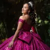 Rose Red Red Shiny Liginas Vestido Quinceanera 2024 Off Beads ombro Crystal Tull Sweet 16 Dress XV Vestidos de 15 Anos