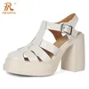 Chaussures habillées Prxdong Marque féminine en cuir authentique Chunky High Heels Platform Summer T-Strap Black Beige Party Wedding