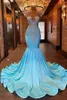 2024 Light Blue Mermaid Prom Dresses Jewel Neck Silver Crystal Rhinestone Beads Cap Sleeves Evening Gowns Formal Dress Sweep Train Open Back