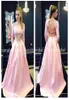 2019 Two Piece Pink Satin Prom Dresses with Bateau Neck Long Sleeve Keyhole Backless Crop Top Marine Ball Pockets Gowns Plus Size 9821022