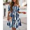 Womens Summer Short Sleeved Loose Bohemian Print Off Axel Pleated Mini Dress Party Fashion 240420