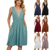 Casual Summer Dress for Women Designer Clothing 2024 New Fashion Solid V Neck spetspanel ärmlös Ficka midja mjuk grimma sexiga midi -klänningar