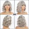Peruker korta vågor bob peruk med lugg grå peruker naturliga ombre silver peruk syntetiska hår axel längd korta lockiga peruker för kvinnor
