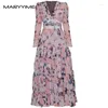 Abiti casual Maryyimei Designer Designer Dresser Women Spring Women a V-Neck Ruched Long Floral State Vacation