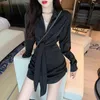 Casual Dresses Autumn Spring Sexy Waist Lace Up Shirt Dress For Women's Light Mature Style Elegant Office Ladies Slim Black Mini