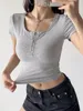 Damen T-Shirts Retro-Faden Baumwollernte Top-Schnappschalter Kurzarm T-Shirt