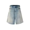 Shorts de jeans azuis lavados de borda crua angustiada para homens de perna larga calça de jeans casual calça de joelho de tamanho grande carga de verão curta 240415