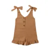 One-Pieces 16Y New Baby Girl Cotton Linen Clothes Girls Ruffle Romper Kids Jumpsuit Summer Sleeveless Button Overalls Outfits