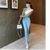 Jeans féminins 2024 Coton Pantalon de denim en spandex de conception skinny Design High Wistre Kofean Fashion Lady
