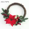 Flores decorativas Jarown Artificial 40cm Rattan Wreath Decoração de Natal Simulação Cone Red Fruit Home Door Hanging Loja Flores