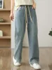 Jeans femininos Primavera verão verão largo Panteira Mulheres elásticas da cintura alta Moda de moda calça calças do estilo coreano Logo Mulher