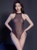 Sexy schiere transparente erotische Onesies Damens schickloser Bodyuit glatter hochelastischer Trikot -Frau Kleidung aufblicken durch Strumpfhosen