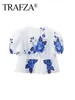 Women's Blouses TRAFZA Holiday Causal Floral Printed Blouse Tops For Women 2024 Spring Short Sleeves Round Neck Bow Tie Vintage Summer Sweet