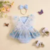 Endelar Prinsessan Chiffon Baby Girls Rompers Dress Party Lace Trim Butterfly Kids Cloth Sleeve Tulle kjol Hem Bodysuits Pannband