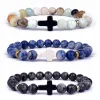 STRANDS Trendy Jesus Cross Charm Blue Turquoises Men Bracelet Black Lava Stone 8mm Witte kralen Bracebanden Barmers voor vrouwen Yoga -sieraden